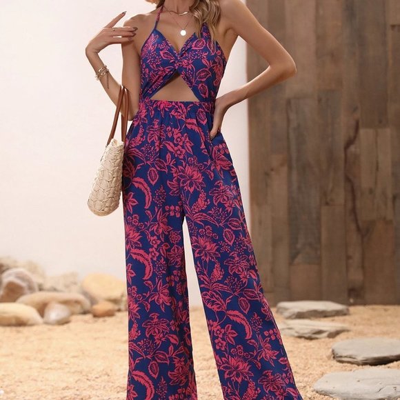 Blue Boho Womens Floral Print Twist Front Cut Out Tie Backless Halter Jumpsuit - Picture 4 of 5